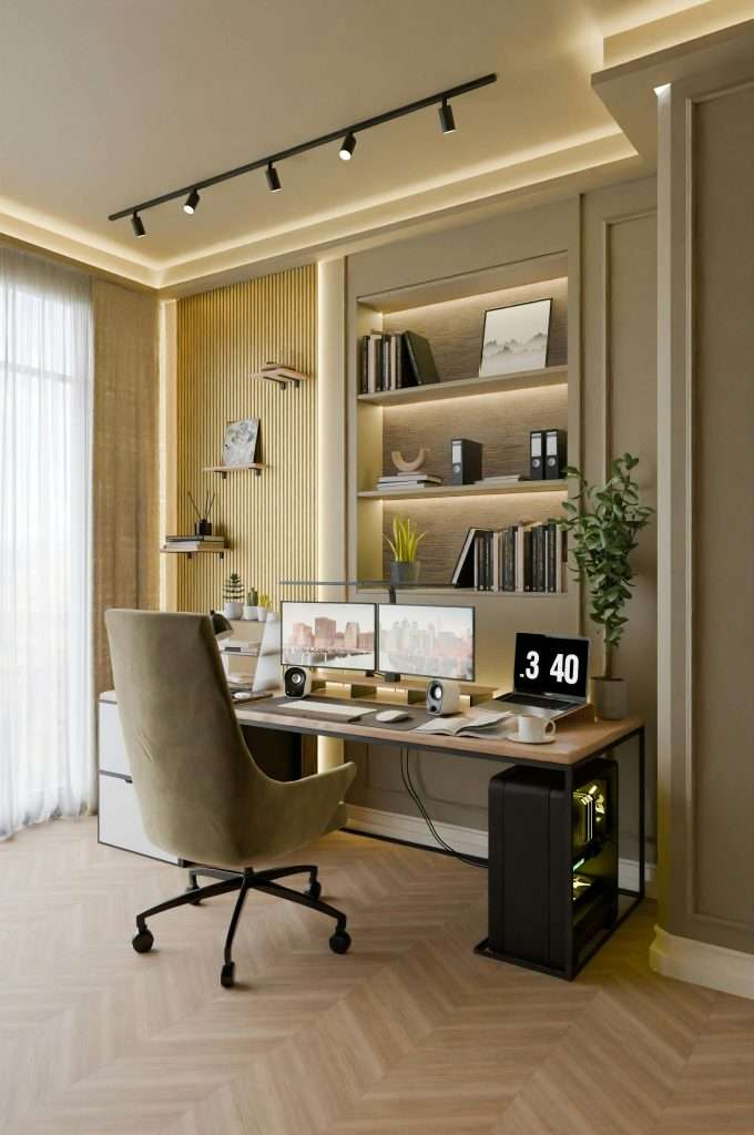 Modern home office with dual monitors, elegant decor, and stylish furniture in Romania.